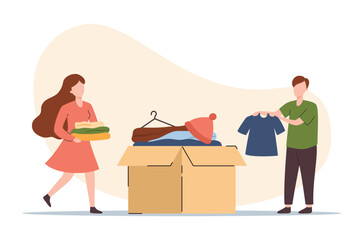 Clothes donation to those in need, flat vector illustration isolated on white background.