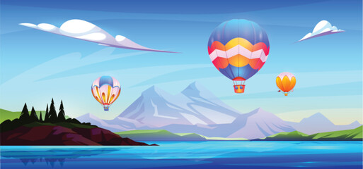 Fototapeta na wymiar Hot air balloon in sky above the sea water cartoon scene background. Aircraft adventure with lake and mountain view landscape. Flying festive journey near ocean shore horizontal game illustration