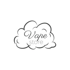 Vape store hand drawn emblem with clouds of smoke and text, vector isolated.