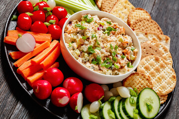 salmon salad with fresh veggies and crackers