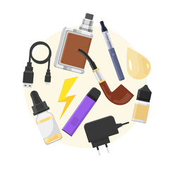 Decorative backdrop of vaping and e-cig smoking devices, flat vector isolated.