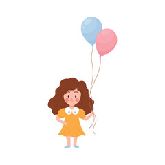 Baby girl with curly hair holding balloons flat vector illustration isolated.