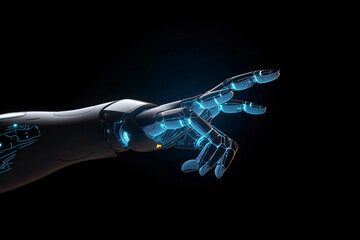Fototapeta na wymiar Robot hand touching holographic screen 3d rendering on dark background.AI Generative