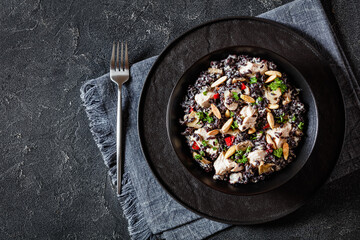 black rice with cream, chicken, mushrooms, almonds