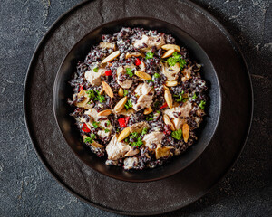 black rice with cream, chicken, mushrooms, almonds