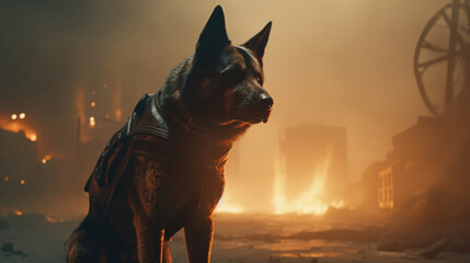 Photo realistic illustration of a cyborg guard dog German Shepherd, in post-apocalyptic wasteland. Anatomy and lighting reference. Generative AI.