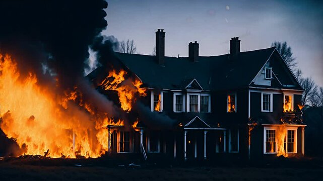 burning house in the fire, captivating 4K footage of a fiery house