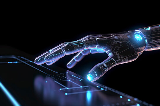 Robot hand touching holographic screen 3d rendering on dark background.AI Generative