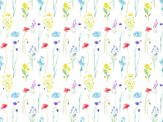 色々な花が咲き乱れる、春の花畑の水彩イラスト。シームレスパターン。