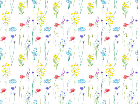 色々な花が咲き乱れる、春の花畑の水彩イラスト。シームレスパターン。