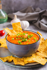Traditional mexican salsa sauce in a bowl and corn chips on a plate vertical view