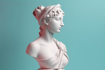 Ancient Greek antique sculpture of a woman, goddess, made in pastel colors of the background. Generative AI. - obrazy, fototapety, plakaty