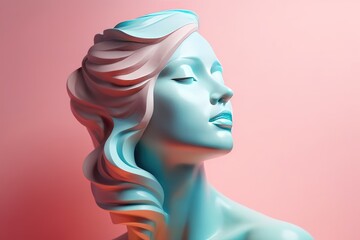 Ancient Greek antique sculpture of a woman, goddess, made in pastel colors of the background. Generative AI.