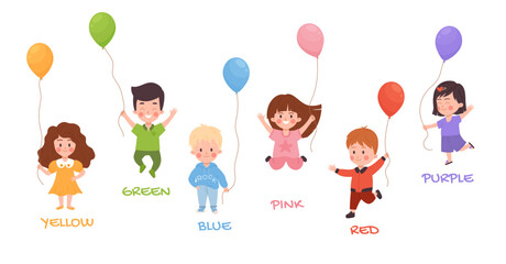 Kids holding helium balloons of different colors, education for children - flat vector illustration isolated on white.