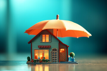 Model house under umbrella insurance concept Generative AI - obrazy, fototapety, plakaty
