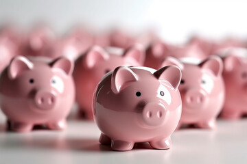 Rows of pink piggy bank on white background Generative AI
