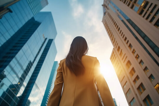 Rear view of a Asian woman in business suit facing a city buildings Generative AI