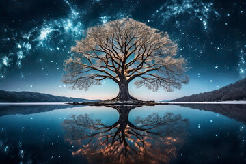 Obraz na płótnie Canvas tree of life reminiscent of Yggdrasil reflected in an icy lake at night, dramatic starry sky in the background.AI Generative