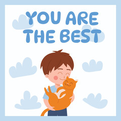 Happy little boy hugging red cat flat style, vector illustration