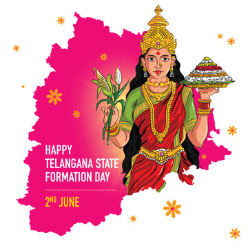 vector illustration ofTelangana Formation Day. telangana thalli and telangana map with flowers around