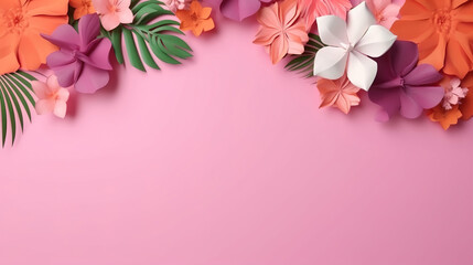 Romantic floral backdrop with copy space, flowers on a pink background. Generative AI illustration