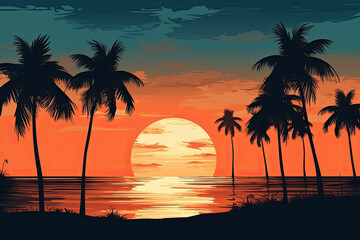 The evening on the beach Summer orange sky and coconut tree shadow. vector.AI Generative - obrazy, fototapety, plakaty