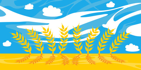 Fototapeta na wymiar Wheat field with blue sky and clouds. Vector flat illustration in colors of Ukraine.
