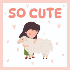 Squared banner with cute little girl hugging sheep flat style