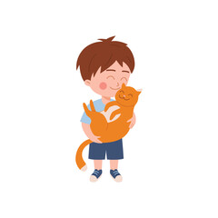 Preschool kid embracing and petting his cat, flat vector illustration isolated.