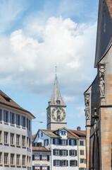 Fototapeta premium street in Zurich, clock tower, Switzerland