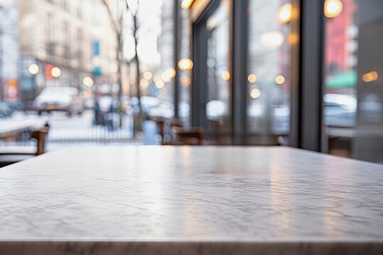 Empty white marble table top on blurred background of street cafe with bokeh light.