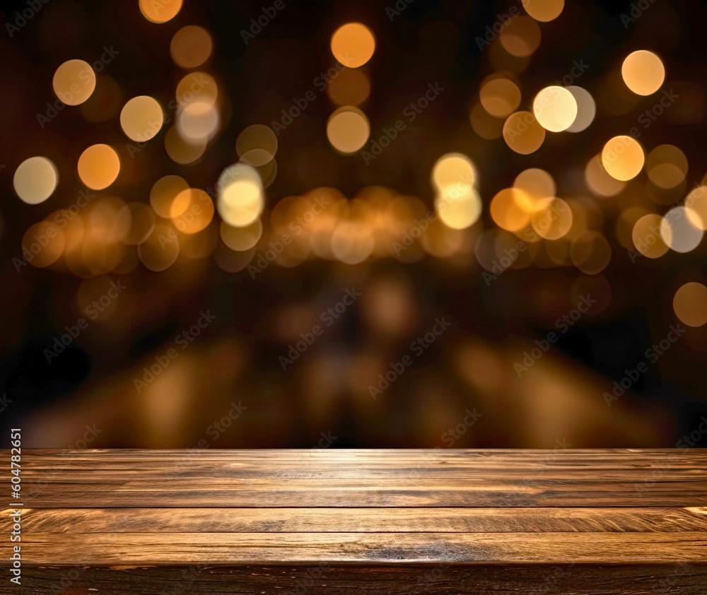 Aufkleber empty wooden table and blurred background of night club with bokeh lights