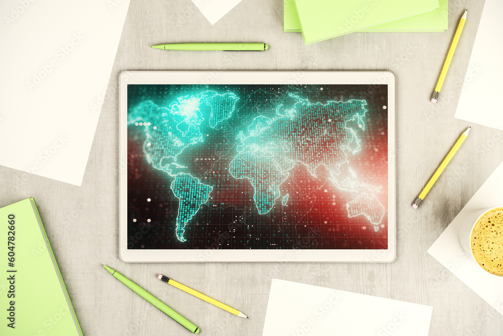 Poster modern digital tablet display with abstract creative world map, research and analytics concept. top 