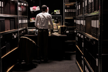 Investigator analyzing detective board, brainstorming to solve crime case. Law enforcement professional standing near workplace table, studying clues and crime scene photos connection scheme