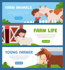 Set website banner templates about farm with kid hugging animals flat style