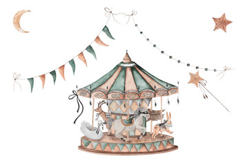 vintage carousel with animals. fabulous watercolor illustration. cute carousel for poster, banner, picture, postcard. © Татьяна Трущелева