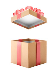 Brown open gift box with red bow