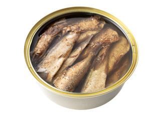 Canned food with sprats isolated on a white background