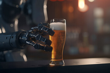 Fototapeta na wymiar Robotic android hand holding glass of beer. 