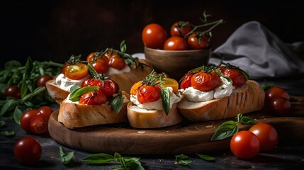  A traditional Italian snack, bruschetta sandwiches featuring cherry tomatoes, mozzarella cheese, and herbs, artfully arranged on a cutting board against a dark background.  Generative AI