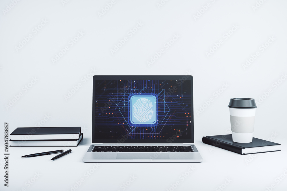 Aufkleber Modern computer display with abstract graphic fingerprint sketch, fingerprint scan data concept. 3D Rendering