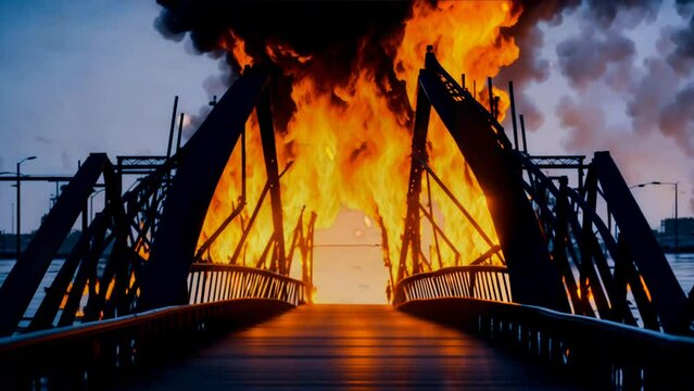 Metal Bridge Consumed by Flames,  4K Footage