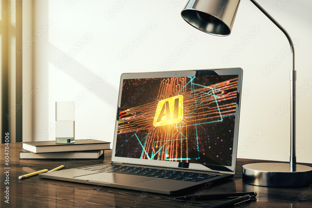 Poster Modern computer monitor with creative artificial Intelligence icon. Neural networks and machine learning concept. 3D Rendering