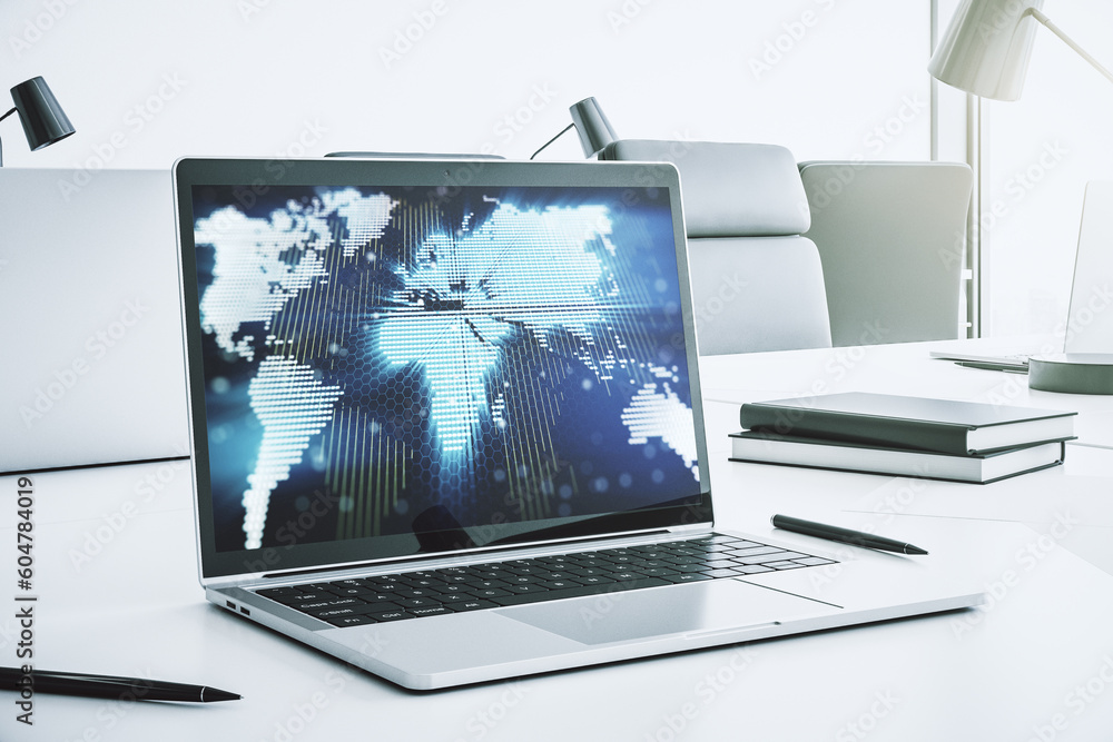 Poster modern computer screen with abstract creative digital world map, research and analytics concept. 3d 