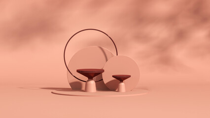 Peach Fuzz is color trend of the Year 2024 with podium and abstract background. Trendy 3d render for social media banners, promotion, cosmetic product show. Geometric shapes interior