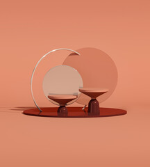 Minimal scene with podium and abstract background. Pastel cream and brown colors scene. Trendy 3d render for social media banners, promotion, cosmetic product show. Geometric shapes interior