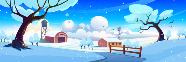 Rolgordijnen Winter snow field landscape with barn house vector scene. Country farm on snowy hill near tower. Countryside forest valley in december panorama view. Cold season nature scenery with empty road © klyaksun
