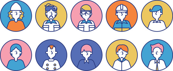 多種多様な職業の男性のシンプルなアイコンセットA（円形）