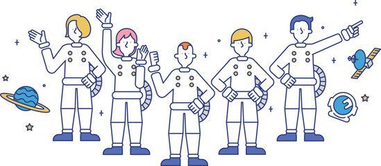 宇宙飛行士の職業に就く男性と女性のイラスト
