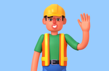 3d render of construction worker greeting, waving hand